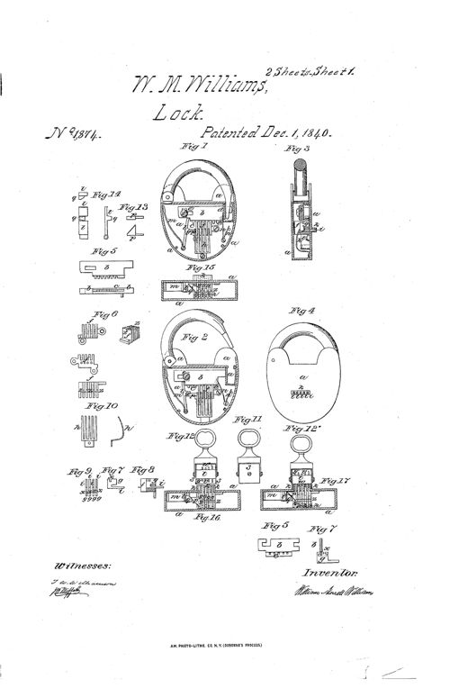 Patent drawing of a 19th-century padlock and door lock showing an internal toothed bolt rack, four spring-loaded sliding pieces in a rack box, a special multi-pin key, and adaptations to a rotary door lock and a liquor cask tap lock.