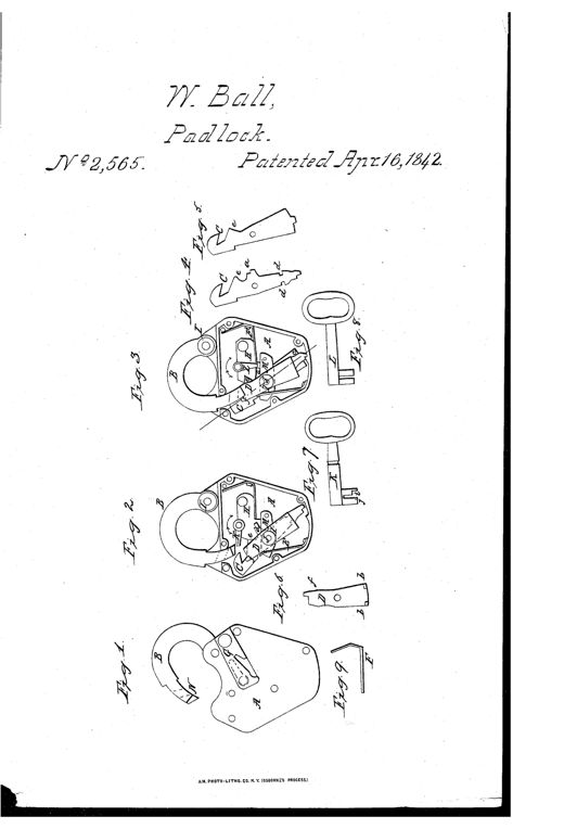 Technical patent drawing showing nine figures of a padlock: an exterior view with U-shaped shackle and escutcheon, two cutaway interior views revealing internal hook and latch mechanisms, two individual hook pieces of differing weight, a latch piece, two keys with hollow bow handles, and a small bent spring trap.