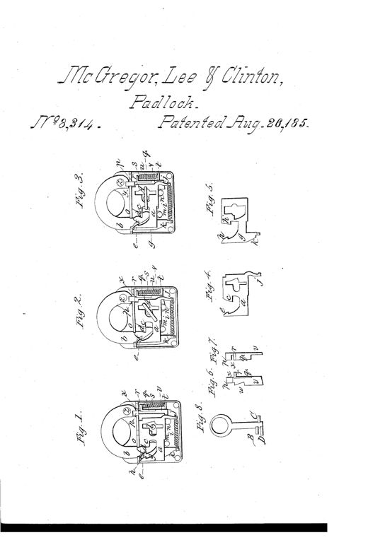 Technical patent drawing showing three cutaway views of a padlock case with spring tumblers and a hidden safety bolt engaging a notched hasp, plus detail views of the bolt, bearings, and a double-bitted key.