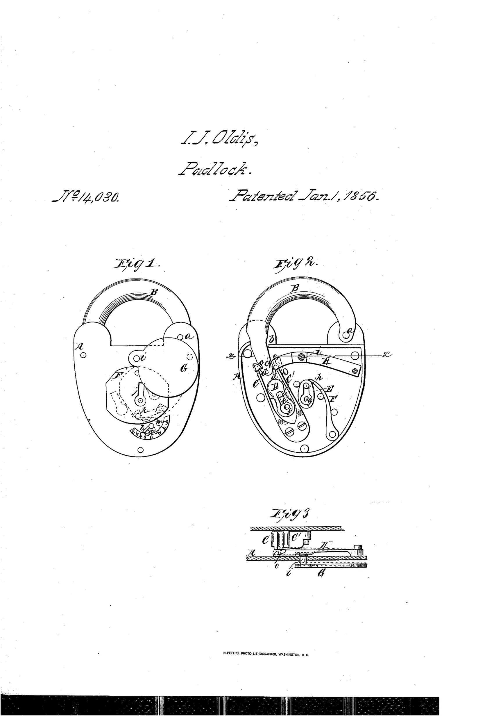 Two front-view line drawings of a padlock, one showing the exterior with shackle labeled B, and one with the front plate removed revealing internal springs, levers, and a rotating disk mechanism, plus a small horizontal cross-section below.