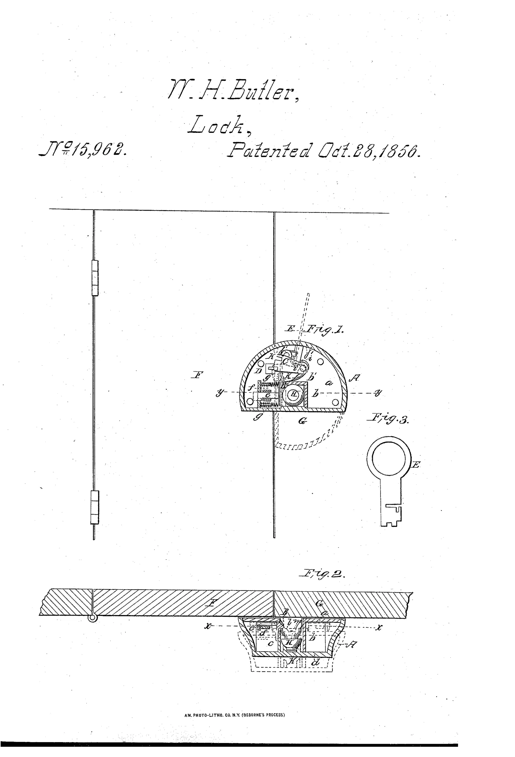 Patent drawing showing a semicircular metal lock case mounted on a door jamb pin, with internal bolt and tumbler mechanism labeled with letters, alongside a separate bit key and a side elevation of the door and jamb assembly.