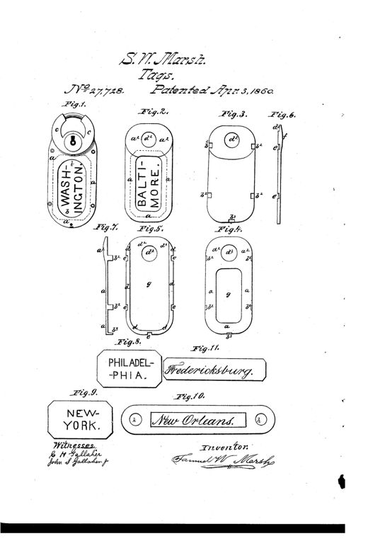 Patent drawing showing an oval metal lock-and-label sheath (Fig. 1) with a circular padlock mechanism at top labeled 'WASHINGTON,' alongside several other oval and rectangular sheath shells, edge views, and detachable printed city-name labels including BALTIMORE, PHILADELPHIA, NEW YORK, NEW ORLEANS, and FREDERICKSBURG.