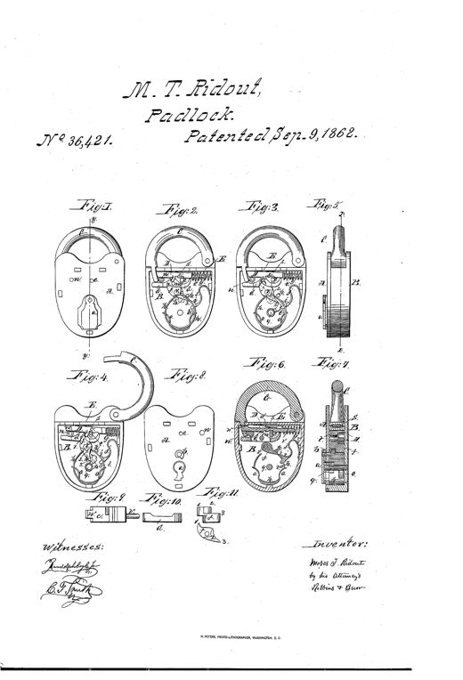Patent drawing sheet showing eleven figures of a shackle padlock, including exterior front views, interior mechanism views with bolt, tumbler, and spring, an edge cross-section, and detached parts like the bolt shank and tumbler.