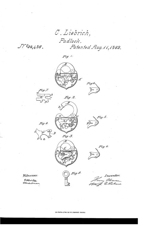 Patent drawing of a heart-shaped padlock shown in three cross-sectional views with shackle up and down, plus separate detail drawings of three tumblers, a bolt, a lever, and a barrel key.