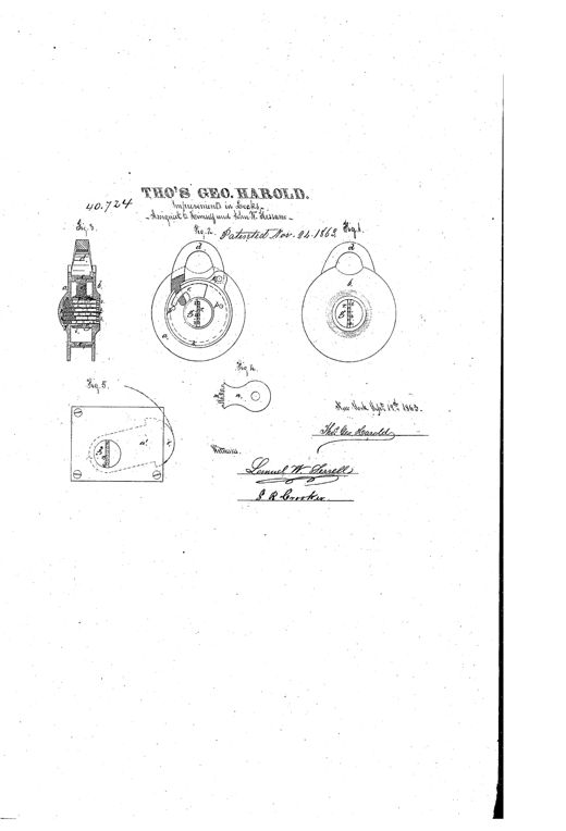 Patent drawing of a round padlock with a curved shackle, shown in exterior view, sectioned interior with divided stop-pins and a turning block, a separate flat key with two pins, and a rectangular door-lock variant with a similar pin mechanism.