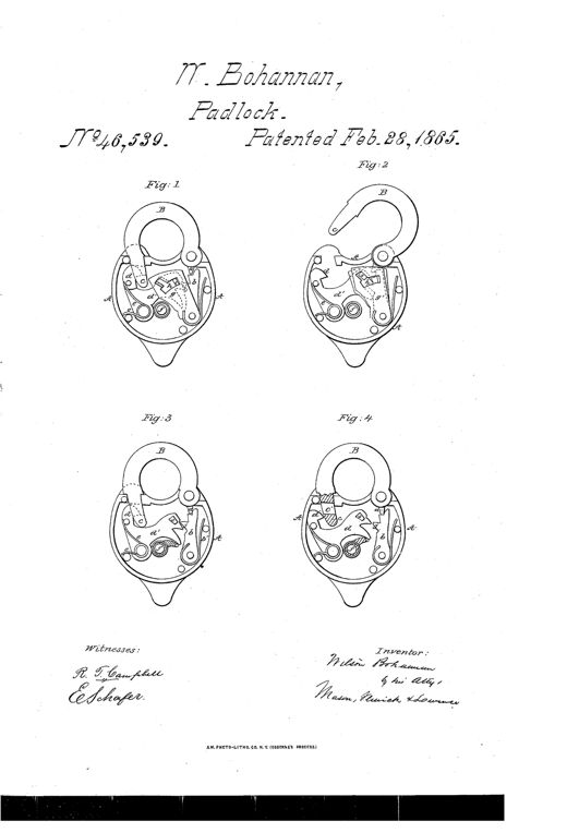 Four line-drawing diagrams of a padlock's internal mechanism labeled Fig. 1 through Fig. 4, showing a curved shackle B pivoted into a rounded case A, with internal parts including a spring-pawl b, catch-plate d', hook d, tumblers g and g', and various numbered teeth and slots illustrating the locking and unlocking sequence.