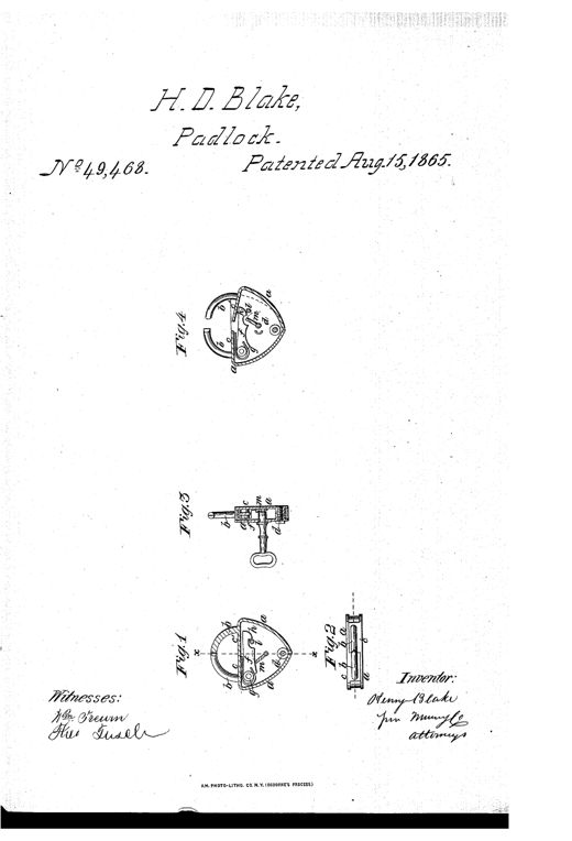 Line drawing of a semicircular padlock shown in four views: an interior cutaway with the hinged two-part casing and spring-hook mechanism locked together, a side plan view, a vertical cross-section, and a fourth view showing the casing partially opened with its key.