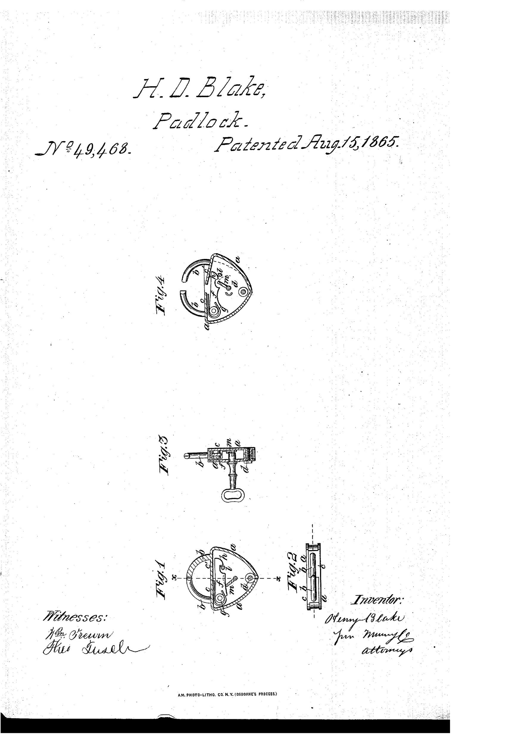 Line drawing of a semicircular padlock shown in four views: an interior cutaway with the hinged two-part casing and spring-hook mechanism locked together, a side plan view, a vertical cross-section, and a fourth view showing the casing partially opened with its key.