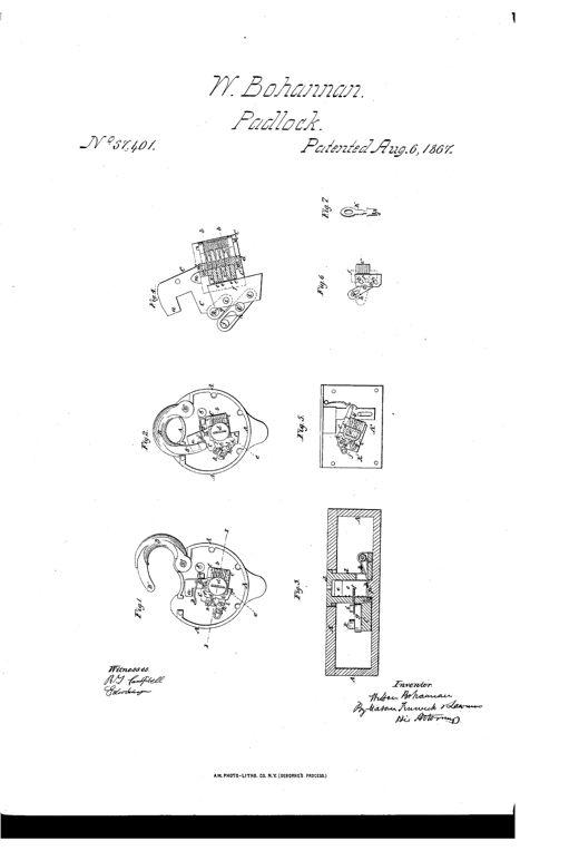 Patent drawing sheet showing seven numbered figures of a round padlock body with an oscillating bolt frame, notched sliders, a slotted flat key, and cross-sections revealing internal locking mechanism.
