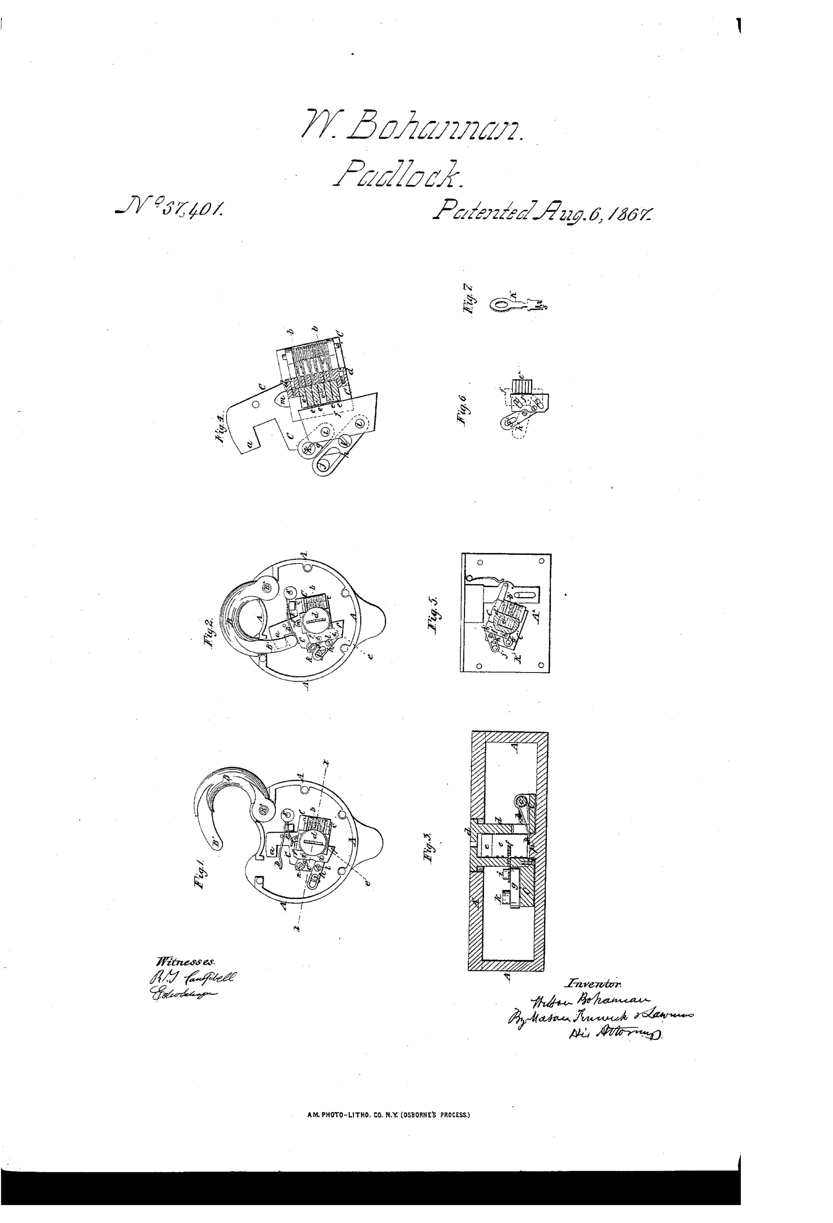 Patent drawing sheet showing seven numbered figures of a round padlock body with an oscillating bolt frame, notched sliders, a slotted flat key, and cross-sections revealing internal locking mechanism.