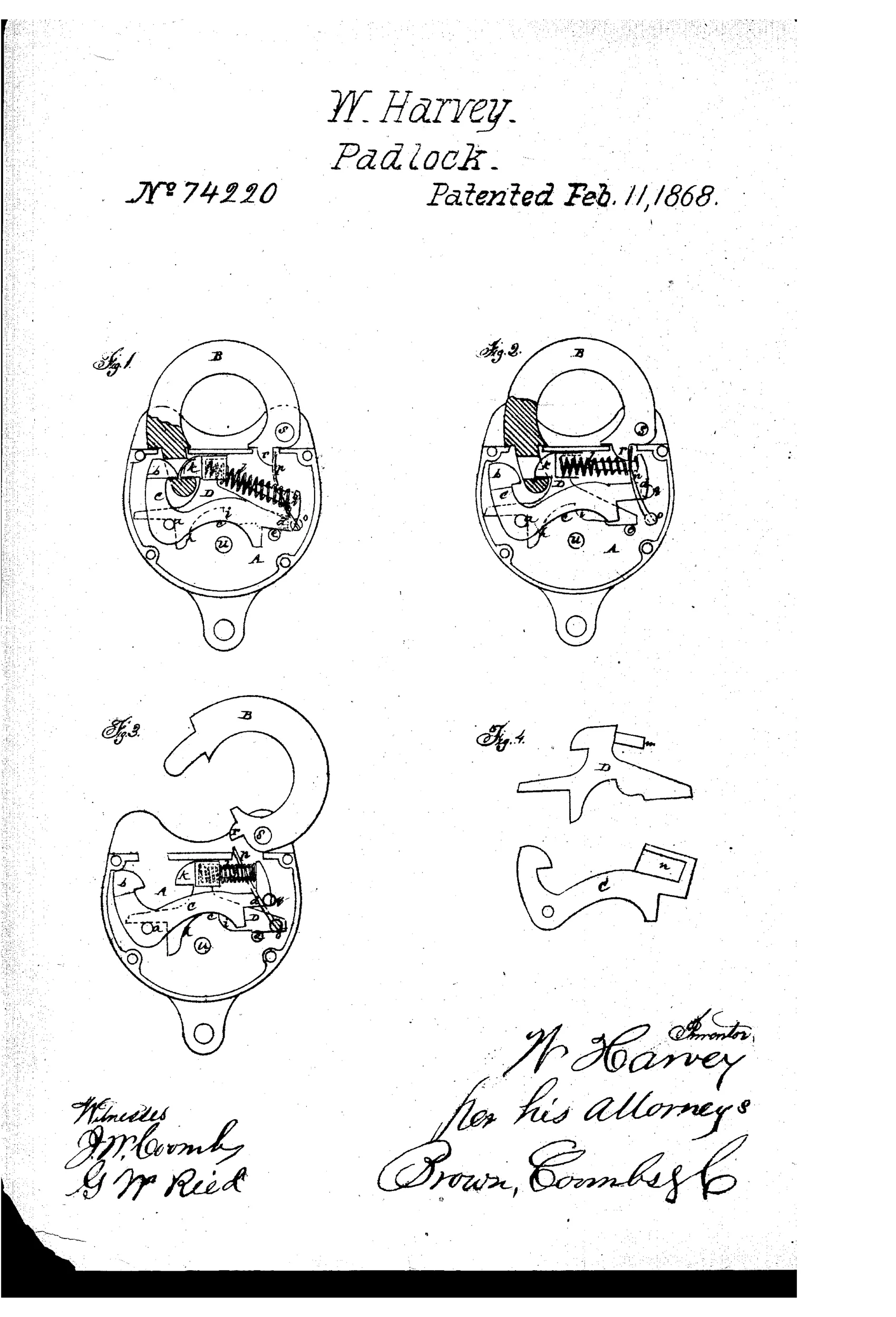Patent drawing showing four views of a padlock's internal mechanism: three oval-shaped interior views (Figs. 1-3) revealing pivoted bolts, a coiled spring, and the shackle in various locked/unlocked positions, plus a fourth figure showing two separate curved bolt pieces labeled D and C with pivot holes and notches.