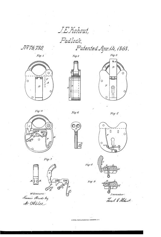 Technical patent drawing of a heart-shaped padlock body with a curved shackle, hinged hasp, internal sliding bolts, springs, and a separate bit key, shown in nine labeled figures illustrating the lock's construction and operation.