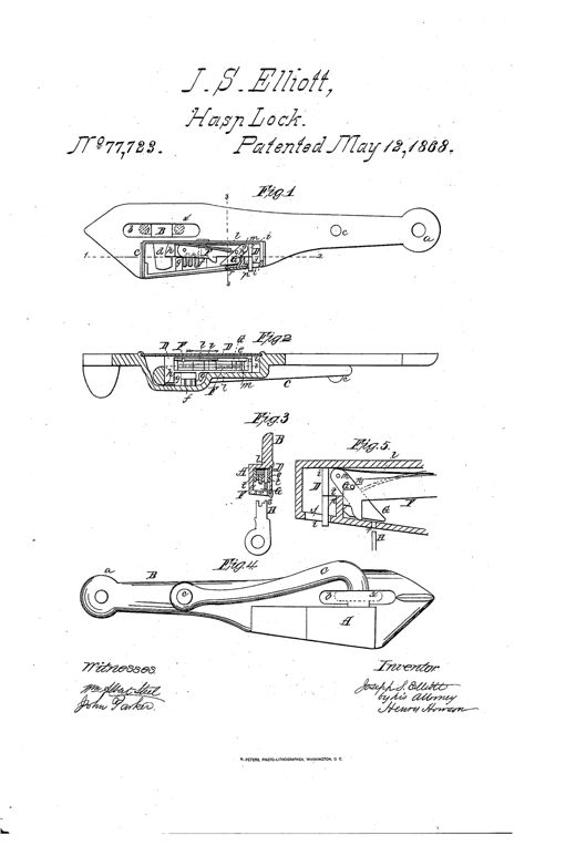 Patent drawing of a hasp lock showing a hinged latch-hook engaging a staple, a lock-case with internal spring-loaded bolt and multiple lever tumblers, and a flat key used to release the mechanism, illustrated in five labeled figures with a signature block for inventor Joseph S. Elliott.