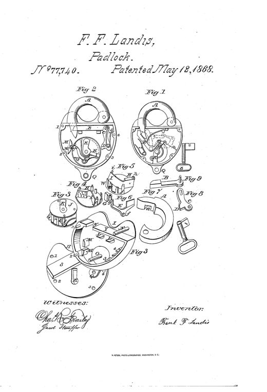 Patent drawing sheet showing nine figures of a padlock's internal cylinder mechanism, shackle, tumblers, and a socket key, with lettered parts and an inventor's signature at bottom.