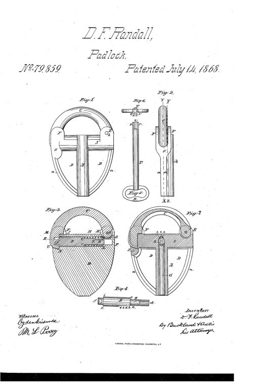 Patent drawing sheet showing a heart-shaped padlock with a rounded shackle, internal cutaway views revealing the spring-loaded bolt and detent screw, and an elongated ridged key with a T-shaped handle.