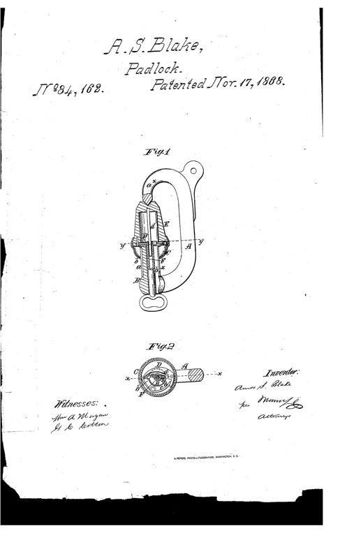 Cutaway drawing of a curved-frame padlock showing an internal spindle, sliding cup, cone, and pivoted catch bar, with a circular cross-section view below labeled with letters A through F.