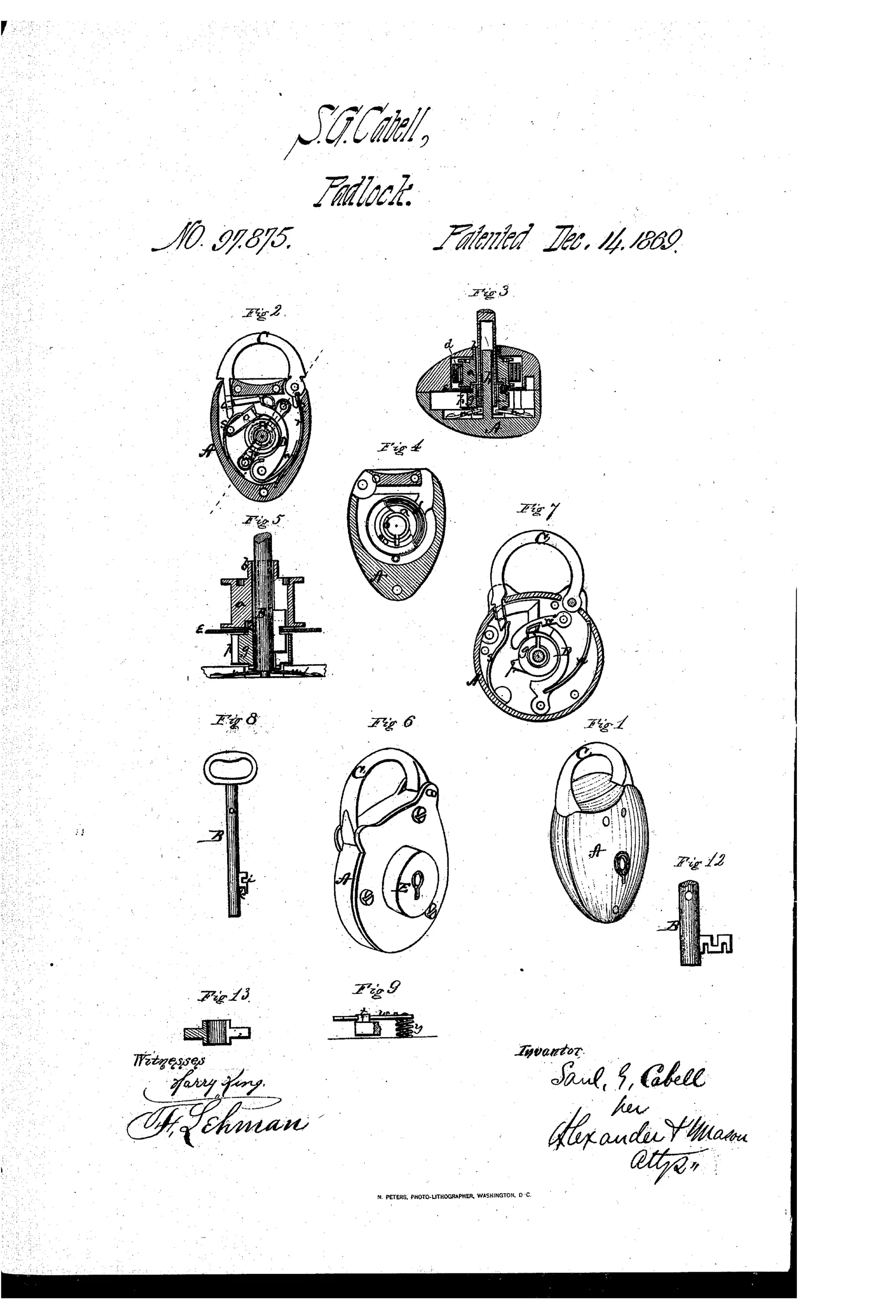 Patent drawing sheet showing an egg-shaped padlock in multiple perspective and cutaway views (Figs. 1-13), revealing internal rotating disks, springs, a curved bail, and two ornate extension keys with notched wards.