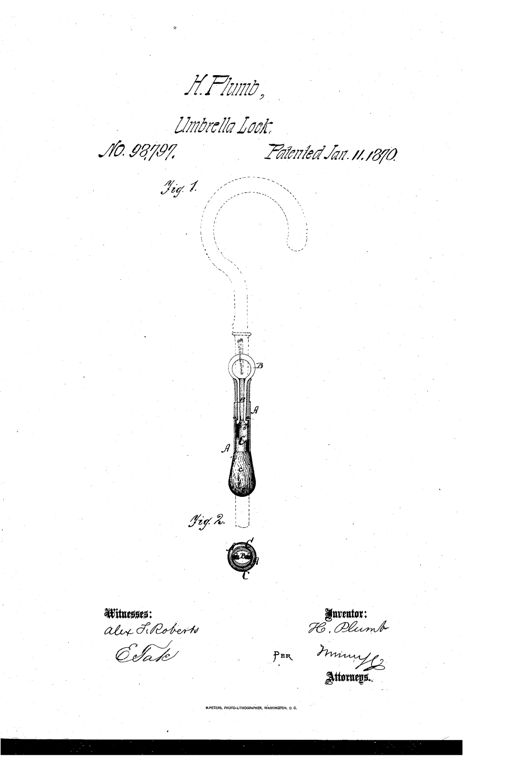 Patent drawing of an umbrella handle with a curved crook top, showing a cutaway of the internal locking tube, spring-catch hooks, and cylindrical key, plus a small circular cross-section below labeled Fig. 2.