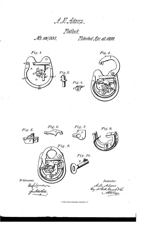 Patent drawing of a heart-shaped padlock showing its back plate, internal arc-shaped spring bolt, tumbler, hasp, and separate key, across ten labeled figures.