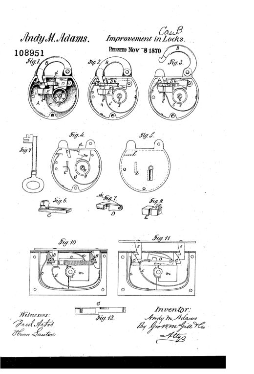 Patent drawing sheet showing a round padlock mechanism in three states (locked, unlocked, hasp open), labeled internal parts including bolt C, dog D, rising-block E, and pinion F, alongside a bit key, individual component details, and two cutaway views of a trunk-lock variant with double hasps.