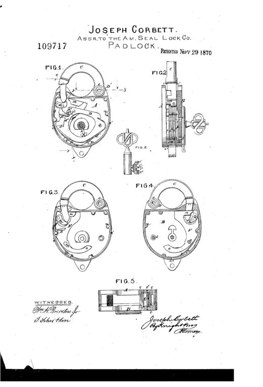 Patent drawing showing an oval padlock with a curved shackle, internal ring tumblers, a bolt mechanism, and an accompanying stepped key, presented in six labeled figures.