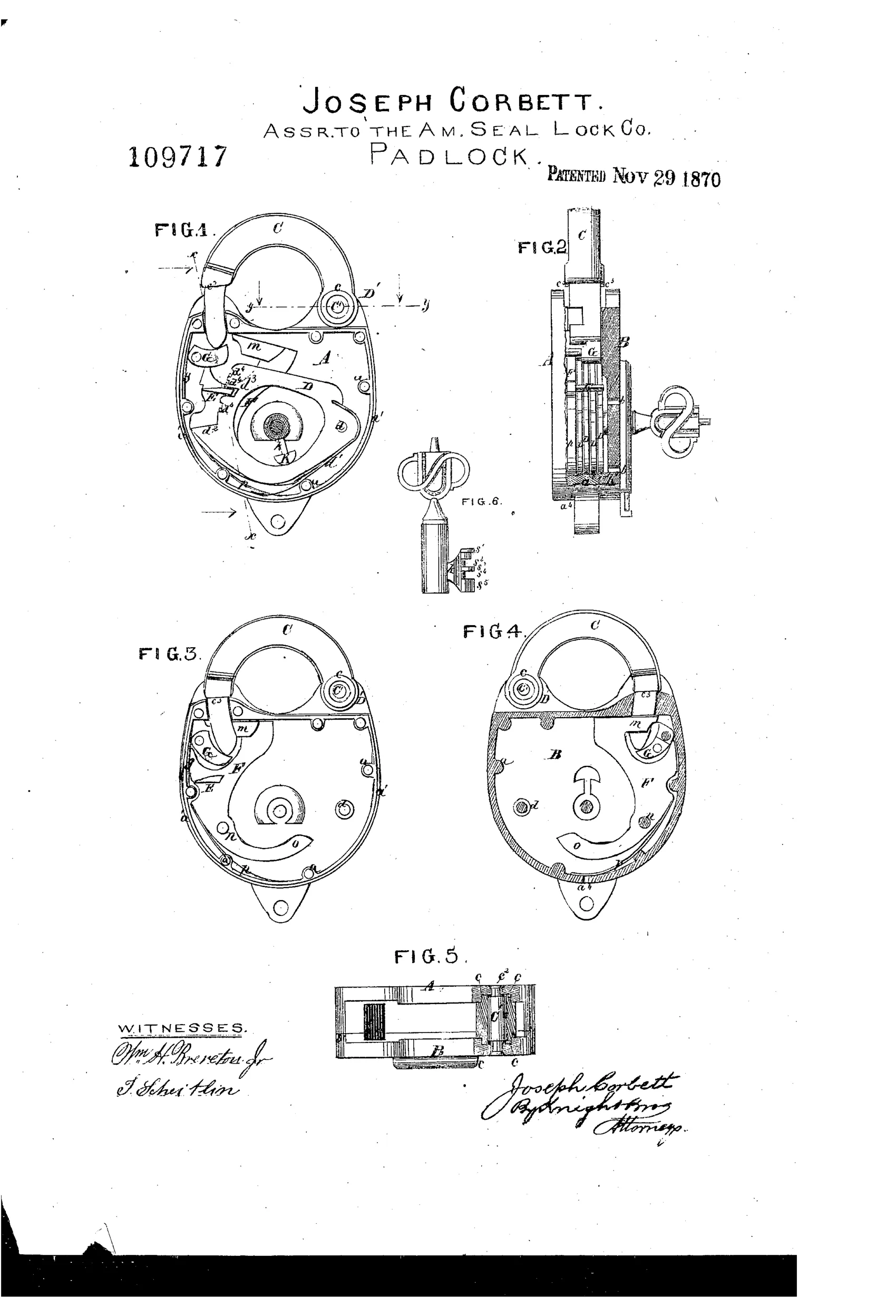 Patent drawing showing an oval padlock with a curved shackle, internal ring tumblers, a bolt mechanism, and an accompanying stepped key, presented in six labeled figures.