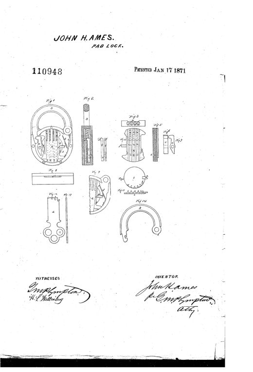 Patent drawing of a padlock with rounded shackle labeled B, an internal oscillating tumbler with numbered sliders, a circular notched fence, a hooked lever, and a flat multi-bitted key, alongside a separate hasp piece and cross-section details.