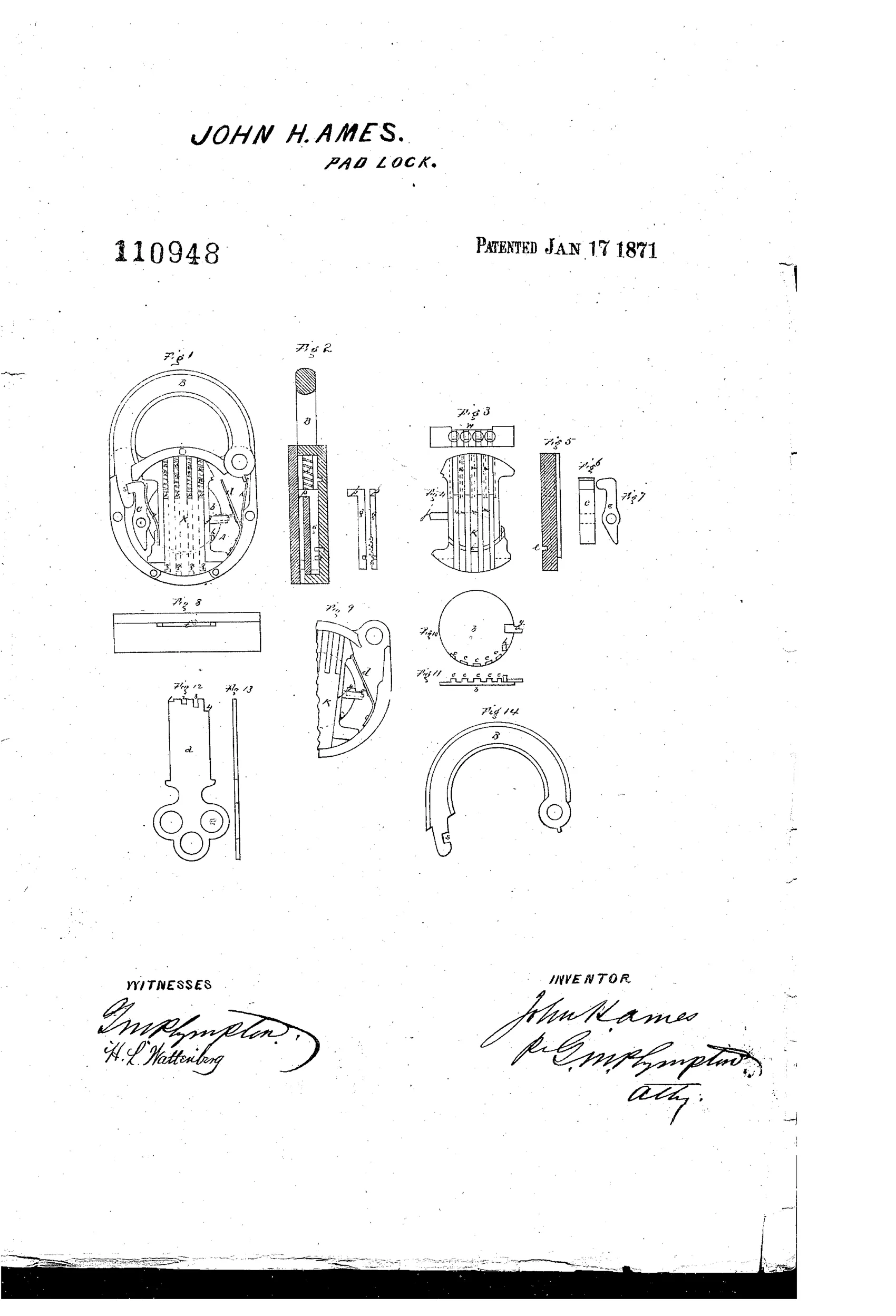 Patent drawing of a padlock with rounded shackle labeled B, an internal oscillating tumbler with numbered sliders, a circular notched fence, a hooked lever, and a flat multi-bitted key, alongside a separate hasp piece and cross-section details.