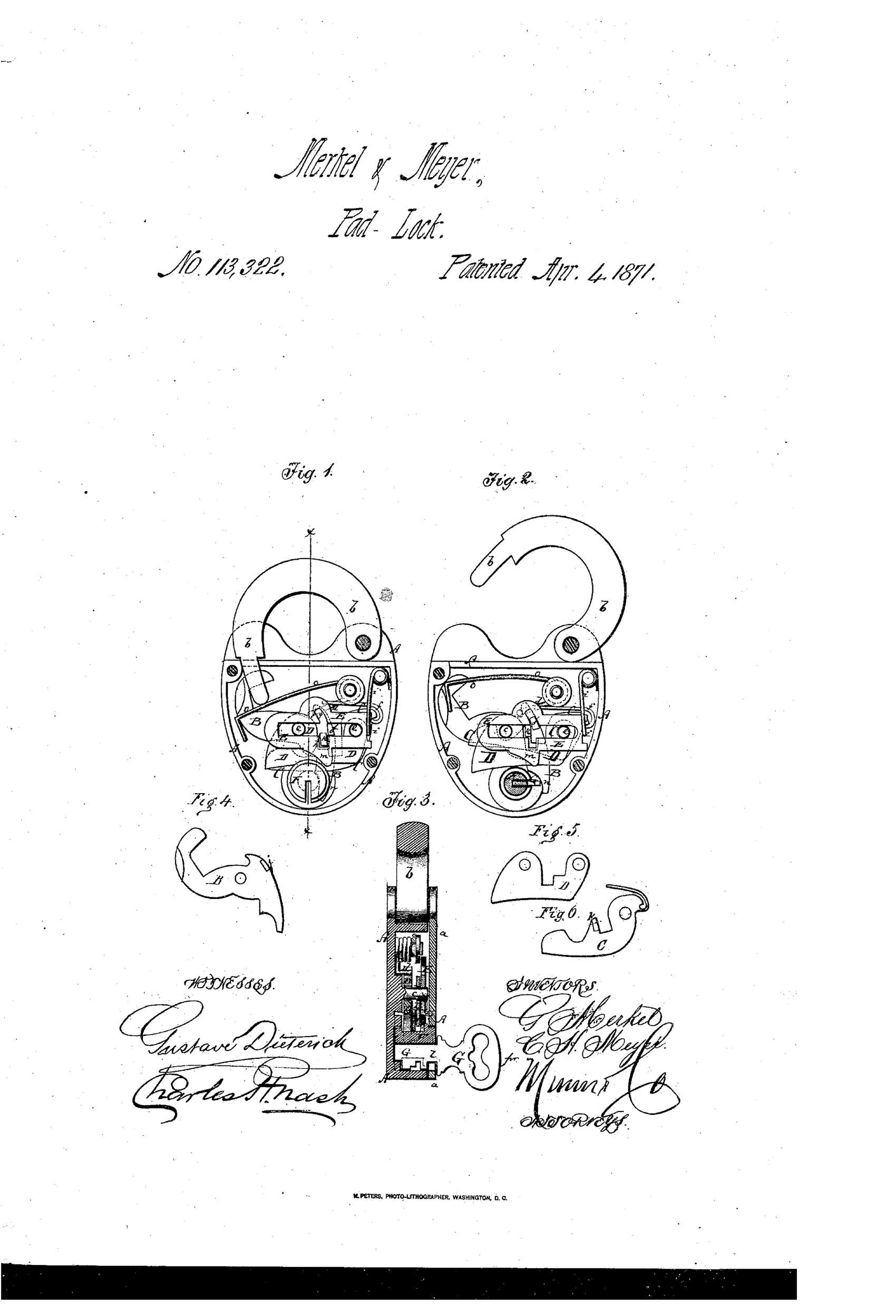 Patent drawing showing an oval padlock in six figures: two face views with the case cut away to reveal an internal hook-shaped bolt, pivoted tumbler, and sliding slotted plate, a cross-section showing the key channel, and three detail views of the bolt, plate, and tumbler components.