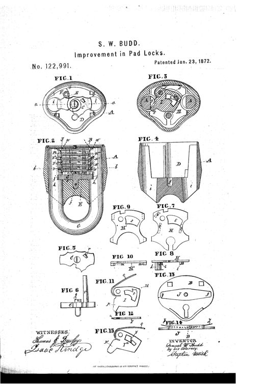 Patent drawing sheet showing fifteen numbered figures of a heart-shaped padlock case, including cross-sections revealing stacked lever tumblers, a pivoted bolt, a U-shaped shackle with slotted prongs, and detail views of individual tumbler and bridge-plate components.