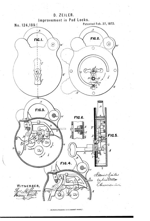 Patent drawing sheet showing six figures of a 19th-century padlock with a curved shackle arm, rotating face-plate with multiple key-holes, internal sliding bolt, tumbler, pinion and spring lever mechanisms, and a detachable key.