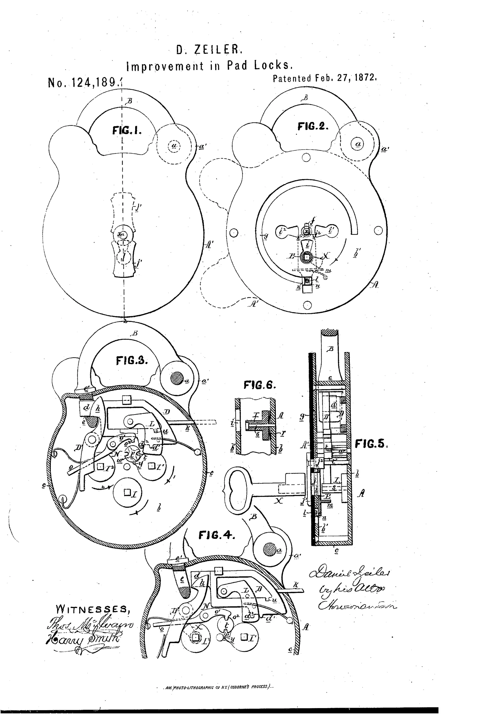 Patent drawing sheet showing six figures of a 19th-century padlock with a curved shackle arm, rotating face-plate with multiple key-holes, internal sliding bolt, tumbler, pinion and spring lever mechanisms, and a detachable key.