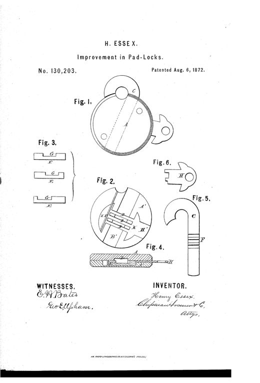 Patent drawing showing a round padlock with a J-shaped hooked staple, an interior view of the bolt mechanism, three variant sliding bolts, a cross-section of the case, the staple alone, and a separate key with a notched bit.