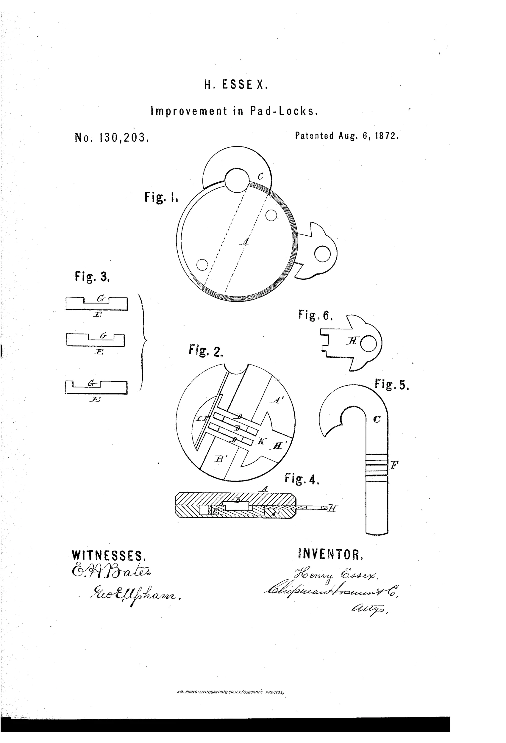 Patent drawing showing a round padlock with a J-shaped hooked staple, an interior view of the bolt mechanism, three variant sliding bolts, a cross-section of the case, the staple alone, and a separate key with a notched bit.