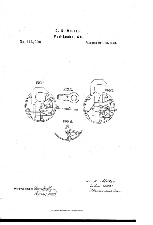 Patent drawing of a padlock mechanism showing four figures: a circular lock case interior with pivoting lever tumblers and a curved hasp, a flat sliding key with a toothed bit, and a side view of a similar lock with an alternate curved tumbler arrangement.