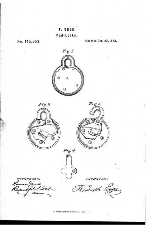 Patent drawing of a round padlock showing its exterior with a curved shackle and hasp, plus two internal views revealing pivoted slotted tumblers and springs in locked and unlocked positions, alongside a flat key.