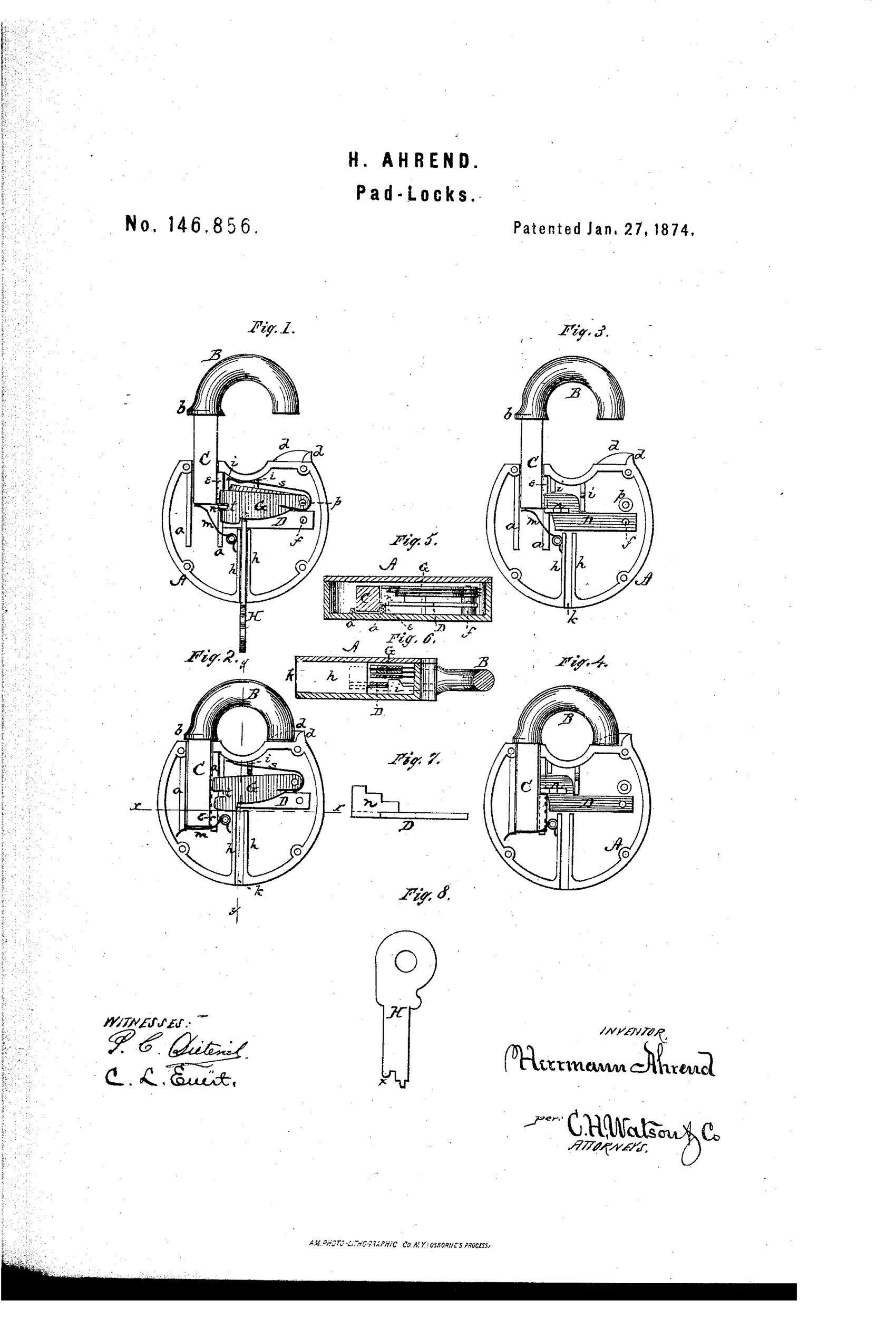 Patent drawing of a padlock showing eight labeled figures: interior views of the lock case with shackle open and closed, the spring-bolt with a stepped stud, pivoted tumblers, and a beveled-ward key.
