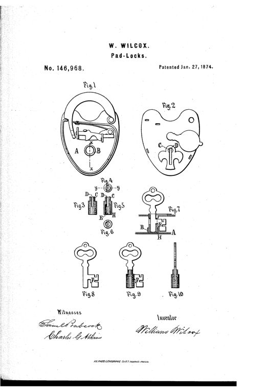 Patent drawing of a heart-shaped padlock interior mechanism alongside detailed views of a rotating key-hub and matching flat key with a bit-receiving slot.