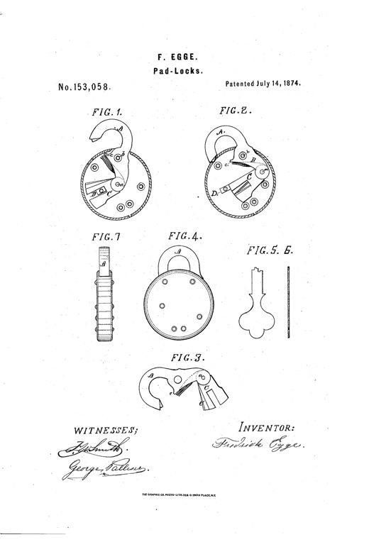 Patent drawing of a round padlock showing six figures: the shackle and tumbler mechanism in locked and unlocked states, an exploded view of the lifted mechanism, a front elevation of the assembled lock, an edge view of the case, and a flat sheet-steel key shown from front and edge.