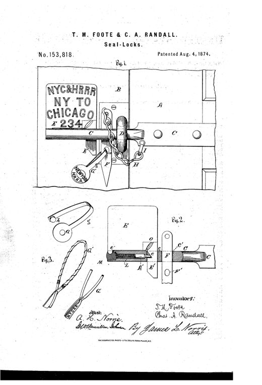Patent drawing showing a railroad freight-car door seal-lock with a sliding bolt, staple, spring-detent pin, and a metal tag reading NYC&HRRR NY TO CHICAGO E234, plus detail views of the bolt mechanism and alternate tag/seal designs.