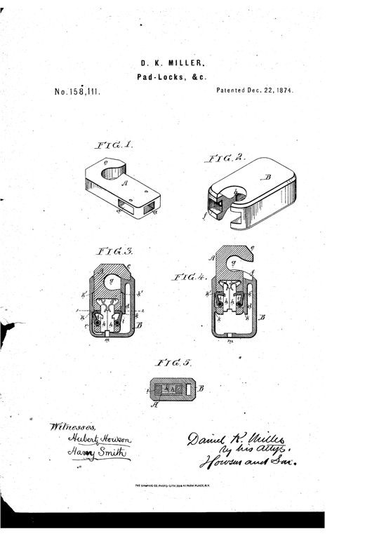 Patent drawing showing a padlock hasp with a hooked eye, a rounded rectangular case, and cross-sections revealing internal notched tumblers and pivoting dogs that lock the bolt in place.