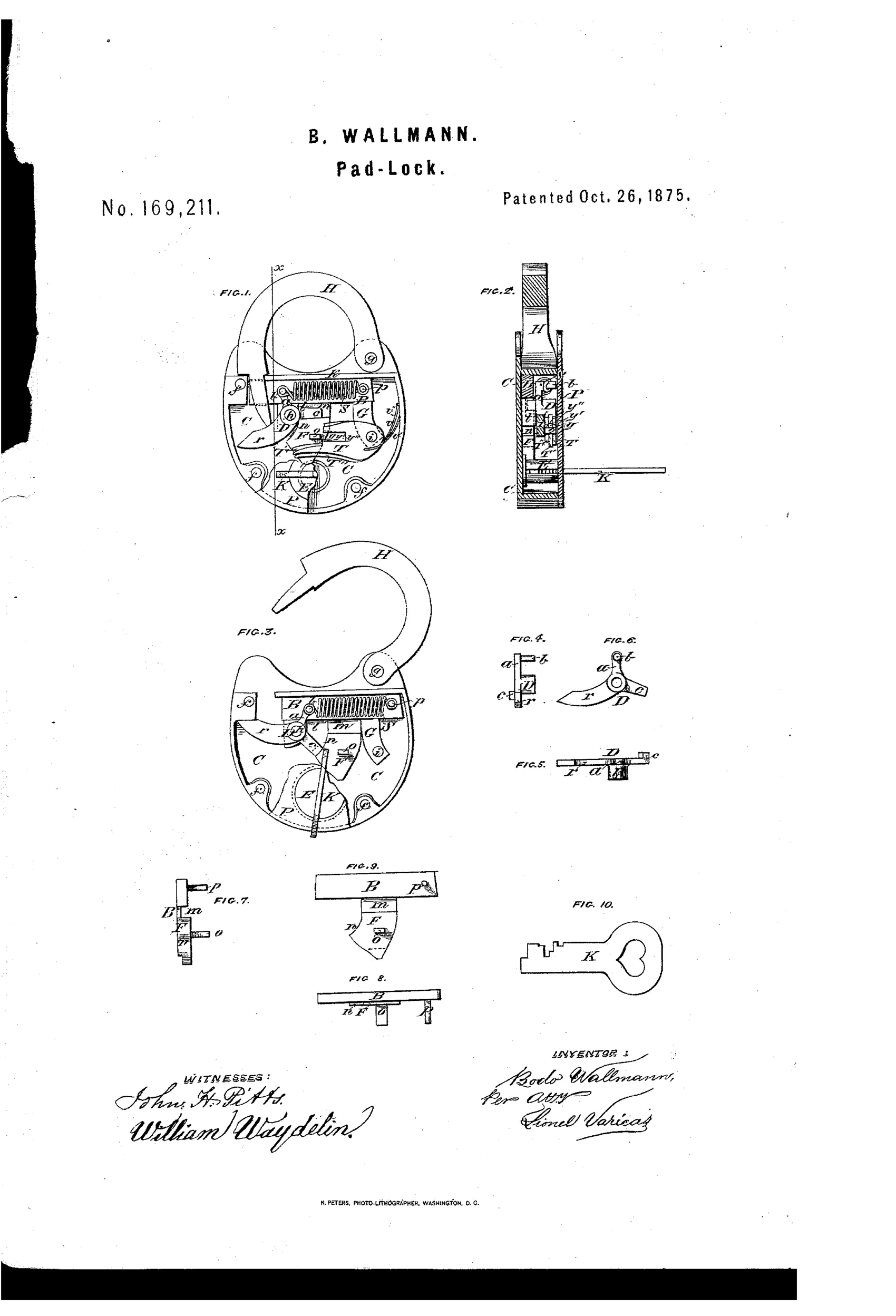 Patent drawing of a heart-shaped padlock with an oval body, showing an internal spring, bolt, dog, tumblers, and a warded key, across ten labeled figures.