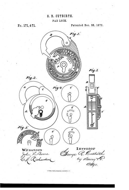 Patent drawing showing a round padlock with a curved hasp, an internal circular spring bolt, and a series of small circular disk diagrams illustrating a rotating keyhole guard cap.