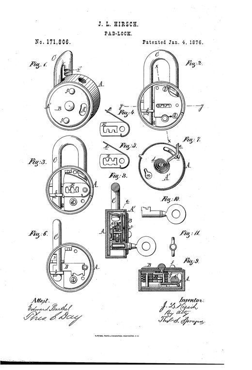 Patent drawing sheet showing eleven figures of a cylindrical padlock, including exploded internal views with a rotating dust-cover plate, spring-loaded hook staple, tumbler mechanisms labeled E, and a bit key shown from side and end views.