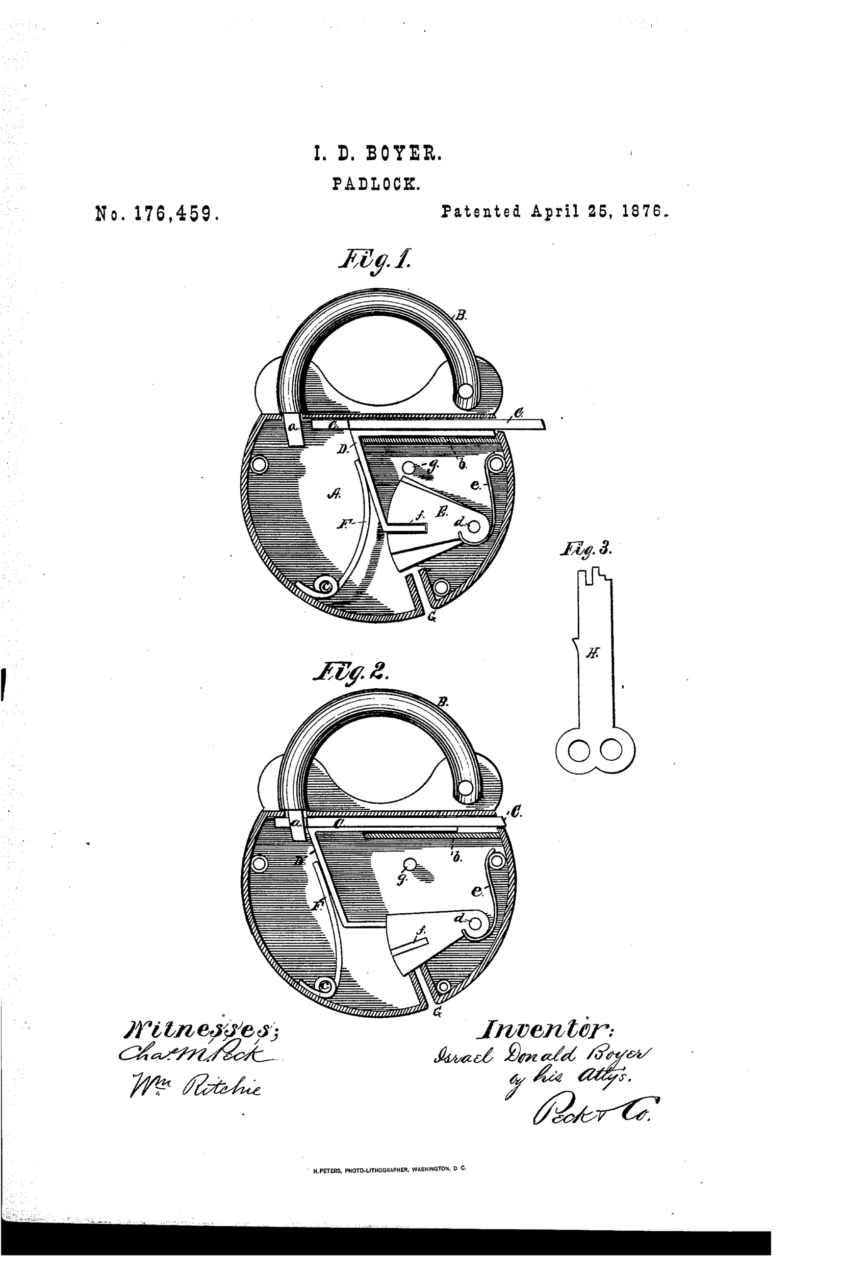 Two cutaway diagrams of a round padlock showing the internal bolt, tumblers, and spring mechanism with the shackle at top, alongside a drawing of the irregularly-shaped thrust key.
