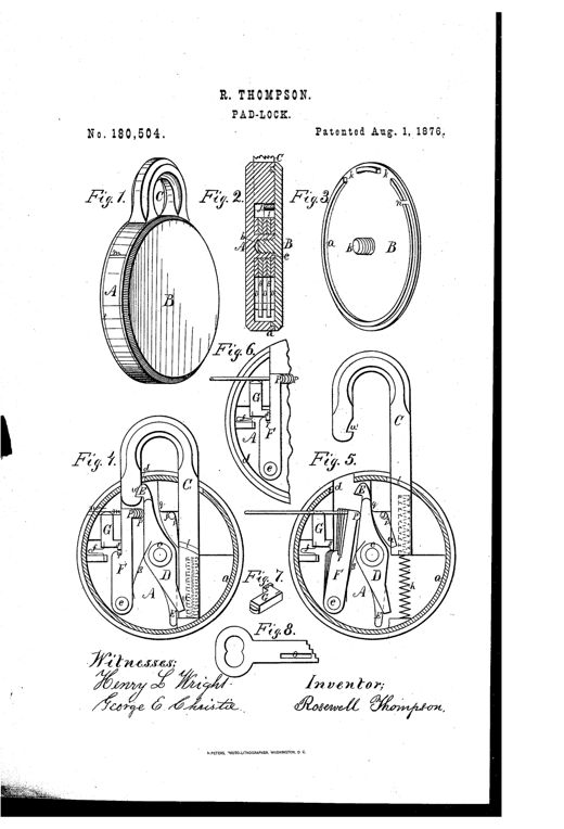 Patent drawing of a round padlock showing its exterior case, an internal cutaway with a hinged hasp secured by pivoting dogs and tumblers, a sliding bolt, and a corresponding notched key.