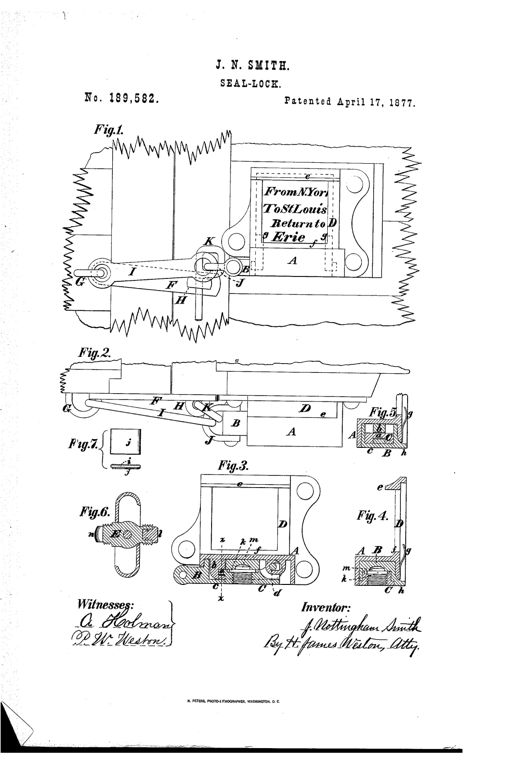 Patent drawing showing a railroad car seal-lock mounted on a wooden door, with a hasp, staple, clevis, and pivoted bolt assembly, plus detailed cross-sections of the lock's casing, clasp, bolt, sealing tool, and lead seal with paper stamp.