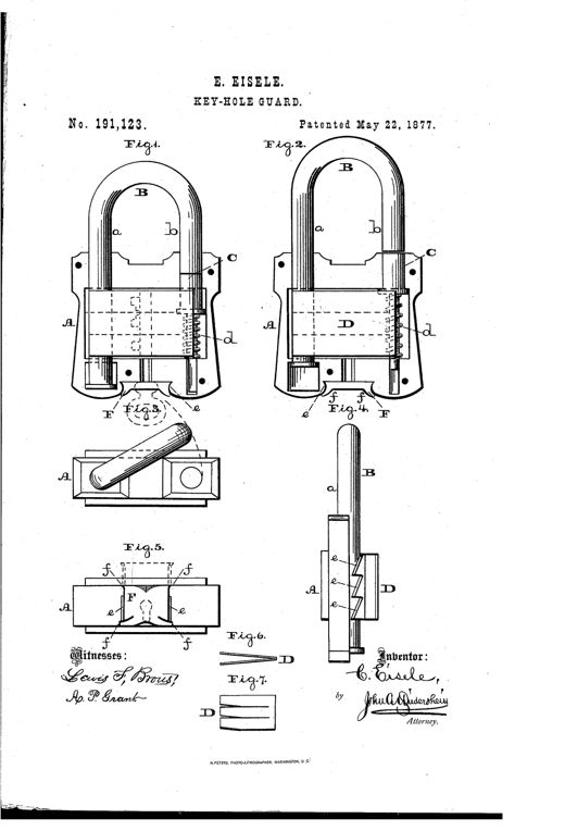 Patent drawing of a padlock showing the bow-shaped shackle, internal locking bolt with teeth, sliding plug, and a dovetail-mounted sliding guard covering the key-hole on the underside of the case.