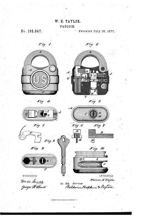 Patent drawing of a U.S.-marked padlock showing exterior view, internal cross-section with bolt and tumblers, and a double-bitted key.