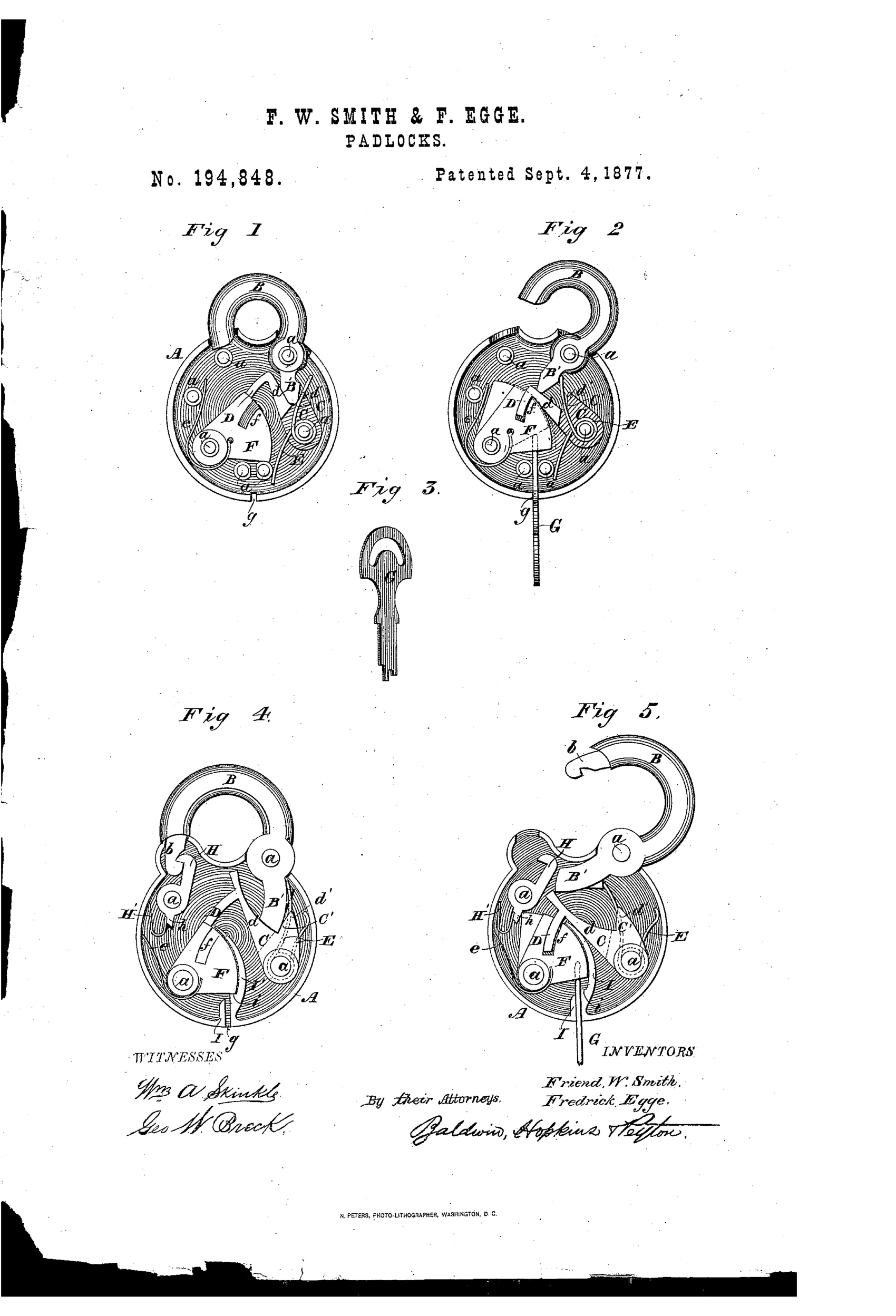 Patent drawing of a round padlock showing internal dog, tumblers, and pivoted shackle mechanisms across five figures, with a separate key illustration.